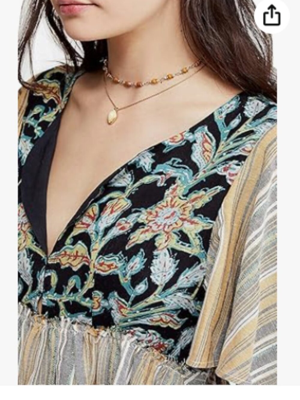 Free People Mixed Print Peasant Blouse in Black, Green, Cream - Picture 9 of 12